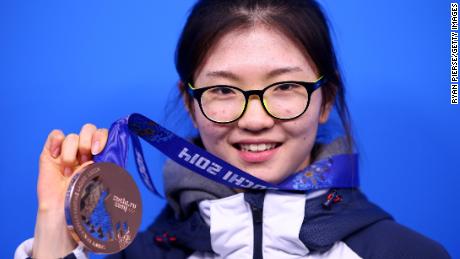 Shim celebrates her bronze medal for the Short Track Women&#39;s 1,000m at the Sochi 2014 Winter Games.