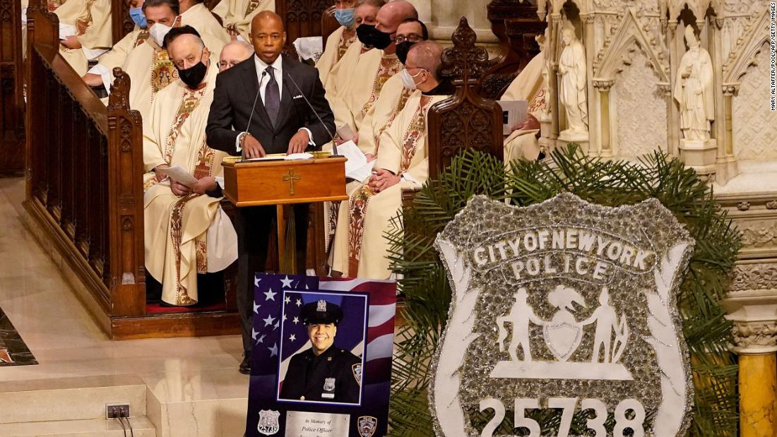 New York City Mayor Eric Adams speaks during Rivera&#39;s funeral. &quot;We as a city, as a state, and as a nation — we say thank you, Jason. Today our hearts are with his beautiful family,&quot; Adams said. &quot;Lui&#39;s a hero and our fellow New Yorkers acknowledge that.&ampquott;