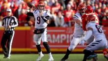Burrow throws a first quarter pass against the Chiefs.