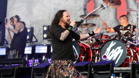 (From left) Reginald Arvizu, Jonathan Davis and Ray Luzier of Korn perform at Reading Festival at Richfield Avenue in England on August 26, 2017.
