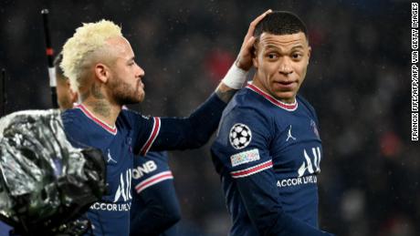 Neymar, left, and Mbappe celebrate after the full-time whistle.
