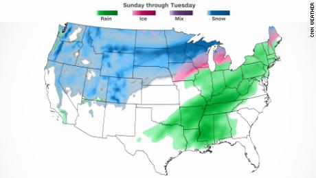Snow (blue), rain (green), and ice (pink) accumulations across the contiguous US Sunday through Tuesday this week.