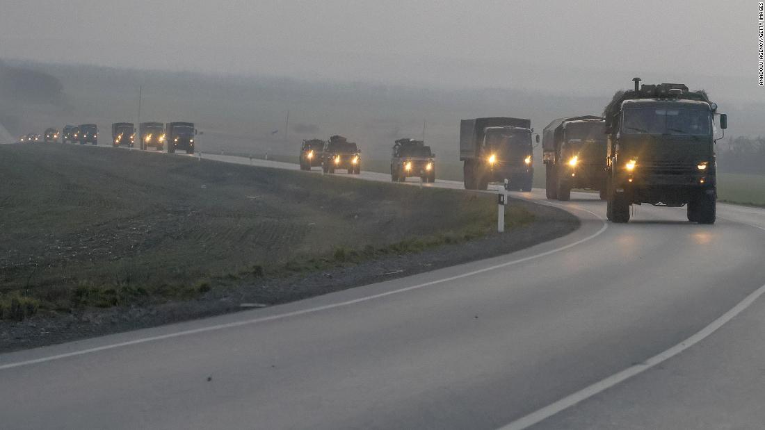 A convoy of Russian military vehicles is seen February 23 in the Rostov region of Russia, which runs along Ukraine&#39;s eastern border.