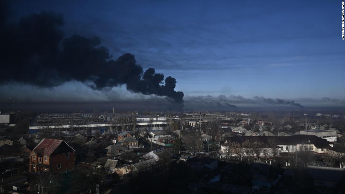 Smoke rises from a military airport in Chuhuiv on February 24. &lt;a href =&quot;https://www.cnn.com/2022/02/24/europe/ukraine-russia-attack-timeline-intl/index.html&quot; target =&quot;_blank&ampquott;&gt;Airports were also hit&amltlt;/un&ampgtt; in Boryspil, Charkiv, Ozerne, Kulbakino, Kramatorsk and Chornobaivka.