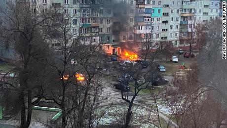 Fire is seen after an attack at a residential area in Mariupol on March 3, 2022.
