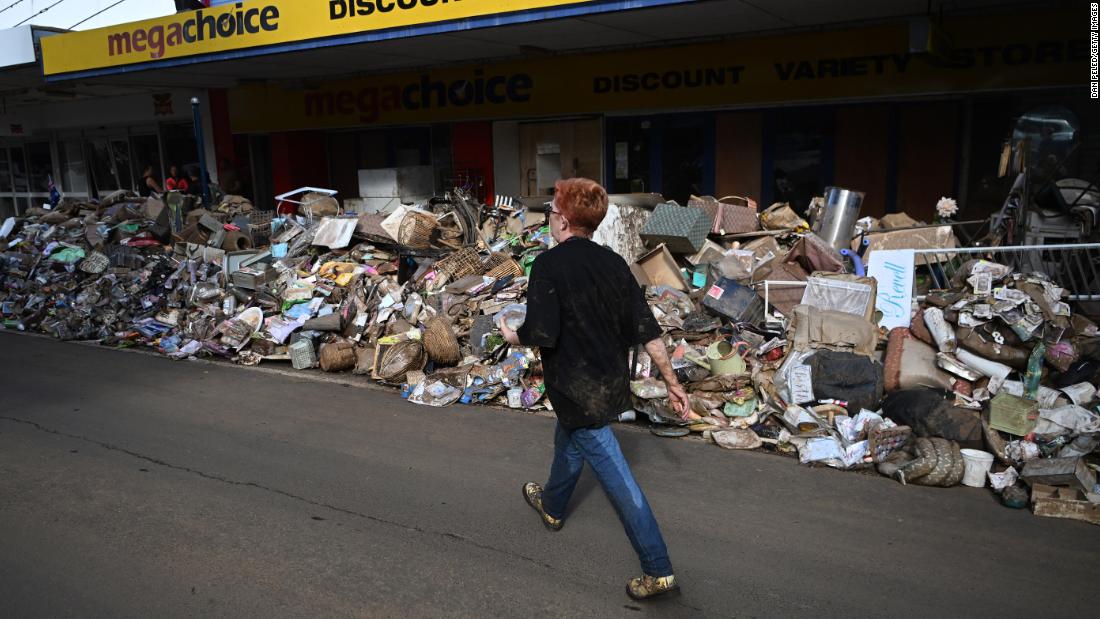 Piles of debris line a main street in Lismore, Australia, on March 4.