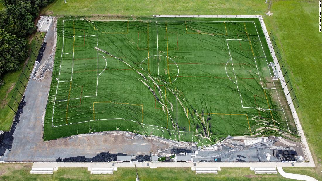 Mitchelton Football Club&#39;s destroyed field is seen in Brisbane on February 28.