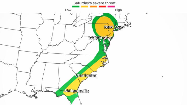 From New York to Florida, severe storms, including isolated tornadoes, are possible Saturday