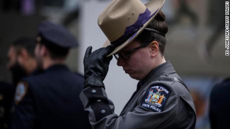 New York police officers gather for the funeral of NYPD officer Wilbert Mora on February 2, 2022 In New York.