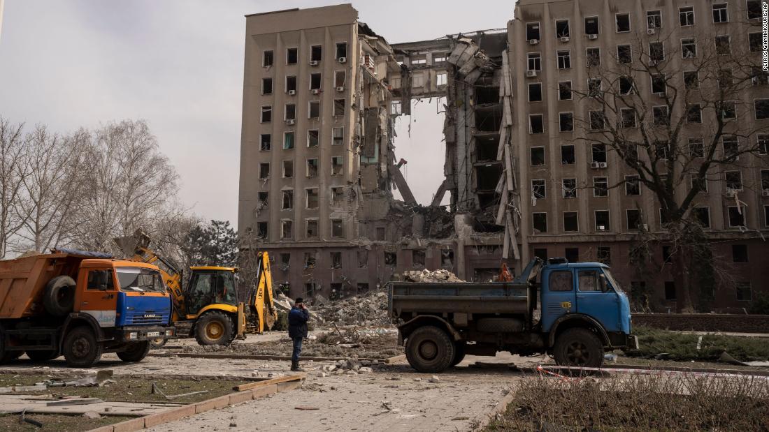 The regional government headquarters of Mykolaiv, Ukraine, is damaged &lt;a href=&quot;https://www.cnn.com/europe/live-news/ukraine-russia-putin-news-03-29-22/h_b52e4de2ba95f5ad51832231788e413f&quot; target=&quot;_blank&quot;&gt;following a Russian attack&lt;/a&gt; on March 29. At least nine people were killed, according to the Mykolaiv regional media office&#39;s Telegram channel.