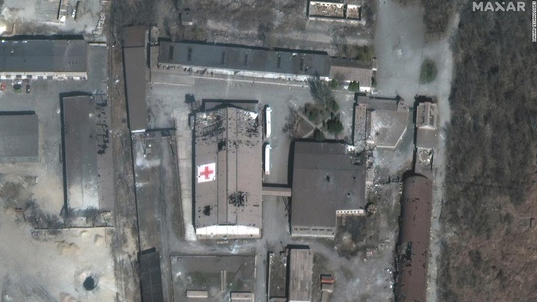 A satellite image shows a shelled warehouse that was being used by the Red Cross in Mariupol on March 29. 