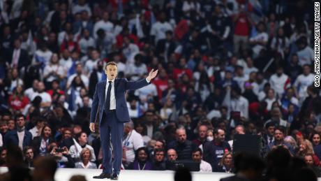 French President Emmanuel Macron addresses his election campaign at the Paris La Defense Arena stadium, in Nanterre, on the outskirts of Paris, in aprile 2.