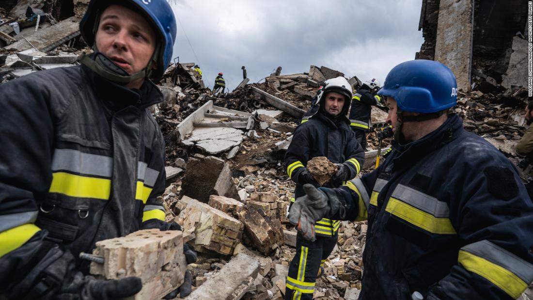 Search-and-rescue teams remove debris after the Ukrainian army regained control of Borodianka, Ukraine, on April 6.