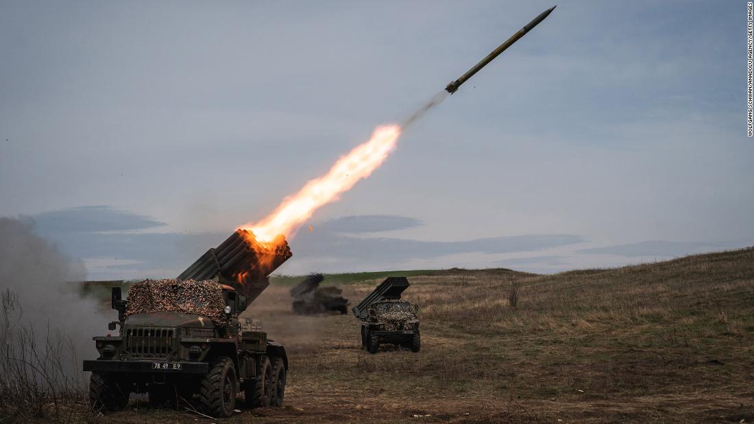Ukrainian forces fire rockets toward Russian positions in Ukraine&#39;s Donbas region on April 10.