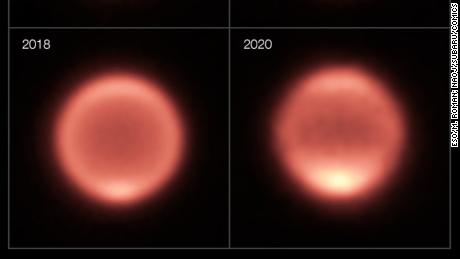 Growing brightness can be seen at Neptune&#39;s south pole between 2018 and 2020, indicating a warming trend. 