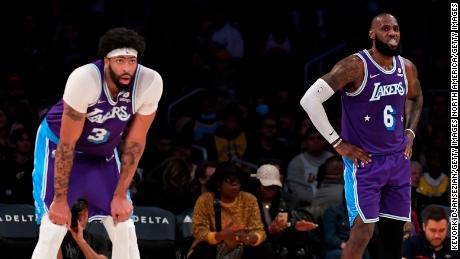 LeBron James #6 and Anthony Davis #3 of the Los Angeles Lakers during a break in the action at Crypto.com Arena on April 1, 2022.