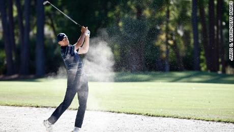 Spieth plays his shot on the 15th hole during the second round of the RBC Heritage.