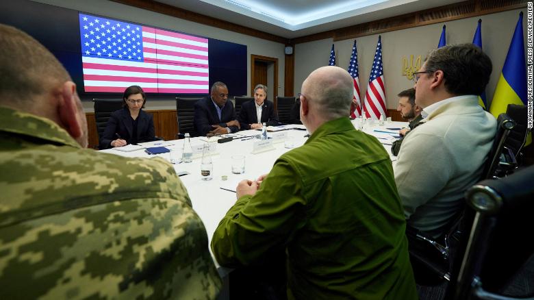 US Secretary of State Antony Blinken and US Defense Secretary Lloyd Austin <a href="https://edition.cnn.com/2022/04/25/politics/blinken-austin-kyiv-ukraine-zelensky-meeting/index.html" target="_blank">attend a meeting</a> with Ukraine's President, Volodymyr Zelensky, in Kyiv on April 24.