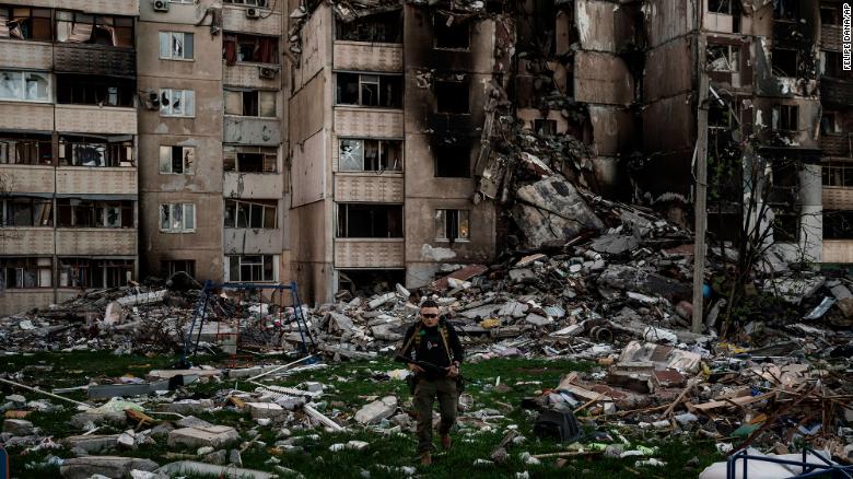 A Ukrainian serviceman walks amid the rubble of a building heavily damaged by multiple Russian bombardments near a frontline in Kharkiv, Ukraine, on Monday.