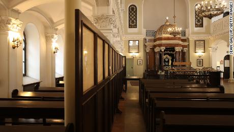 At left, the women&#39;s worship area in the Nożyk Synagogue in Warsaw as seen on April 12, 2018.