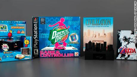 This photo provided by World Video Game Hall of Fame shows Ms. Pac-Man, Dance Dance Revolution, Sid Meier&#39;s Civilization, and The Legend of Zelda: Ocarina of Time.