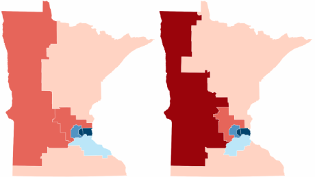 The old and new congressional maps after redistricting for the census in Minnesota