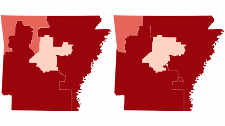 The old and new congressional maps after redistricting for the census in Arkansas