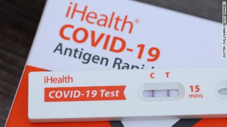 A positive Covid-19 at home test is displayed on May 2, 2022 in San Anselmo, California.