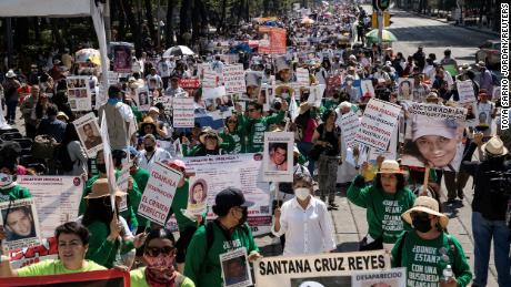 Families with disappeared loved ones protest in Mexico City on May 10.