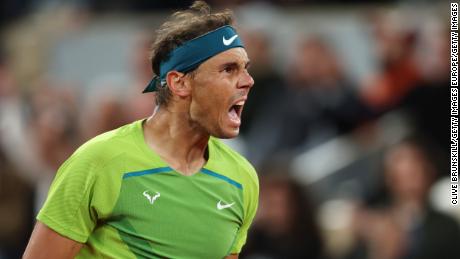 PARIS, FRANCE - MAY 31: Rafael Nadal of Spain celebrates against Novak Djokovic of Serbia during the Men's Singles Quarter Final match on Day 10 of The 2022 French Open at Roland Garros on May 31, 2022 in Paris, France. (Photo by Clive Brunskill/Getty Images)