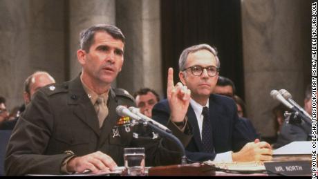 Lt. 上校. Oliver North, with his attorney, Brendan Sullivan, testifying during the Iran-Contra hearings on Capitol Hill on July 7, 1987.