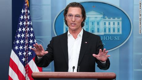 After meeting with President Joe Biden, Matthew McConaughey talks to reporters in the Brady Press Briefing Room at the White House on June 7 in Washington, DC. 