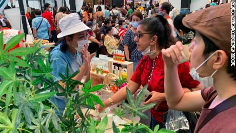 People drink tea containing cannabis leaves at the &quot;Ganja and Thai Traditional Medicine in the City&quot; trade fair in Bangkok in 2021.