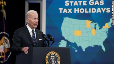 President Joe Biden calls for a federal gas tax holiday as he speaks about gas prices during remarks in the Eisenhower Executive Office Building&#39;s South Court Auditorium at the White House on June 22, 2022. 