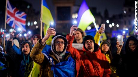 Ukrainians and other demonstrators gather at London's Trafalgar Square for a protest in support of Ukraine on March 1, 2022.