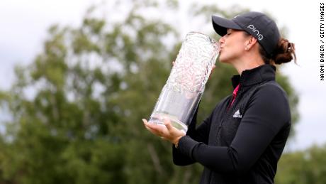 HALMSTAD, SWEDEN - JUNE 12: Linn Grant of Sweden poses with the trophy after victory during Day Four of the Volvo Car Scandinavian Mixed Hosted by Henrik &amp; Annika at Halmstad Golf Club on June 12, 2022 in Halmstad, Sweden. (Photo by Naomi Baker/Getty Images)