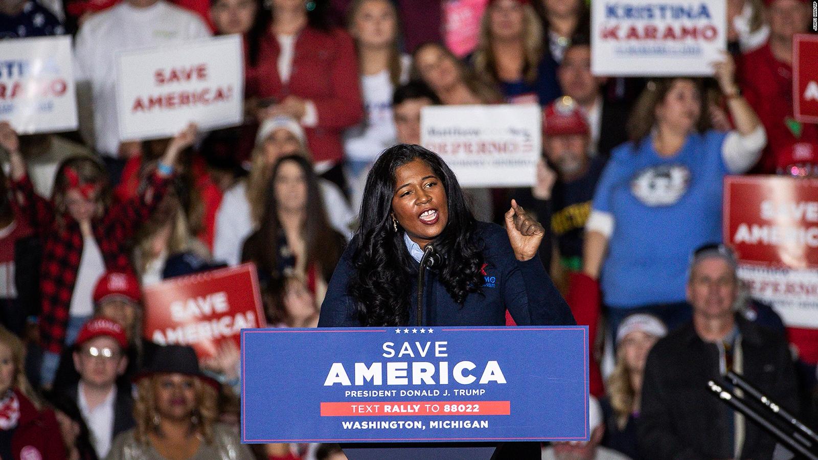 Kristina Karamo, Republican candidate for Michigan Secretary of State, speaks at a rally at the Michigan Stars Sports Center in Washington Township, Mich., Saturday, April 2, 2022. Former President Donald Trump's extraordinary effort to mold Republicans' 2022 tickets will be put to the test this weekend in Michigan, where thousands of party activists will endorse candidates including in a contentious attorney general's race. (Junfu Han/Detroit Free Press via AP, File)