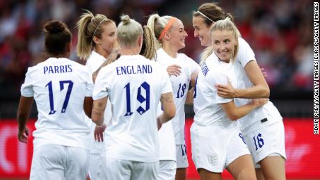 Jill Scott celebrates after scoring England&#39;s fourth goal during its win over Switzerland.