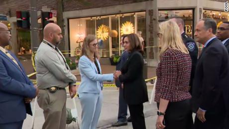 Vice President Kamala Harris visted with local officials in Highland Park on Tuesday.