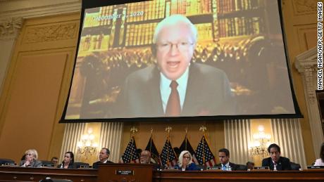 Former lawyer of former President Donald Trump, John Eastman, appears on screen during the fourth hearing by the House Select Committee to Investigate the January 6th Attack on the US Capitol in the Cannon House Office Building on June 21, 2022 in Washington, DC. 