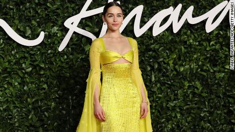 Emilia Clarke poses on the red carpet at The Fashion Awards 2019 in London on December 2, 2019. 