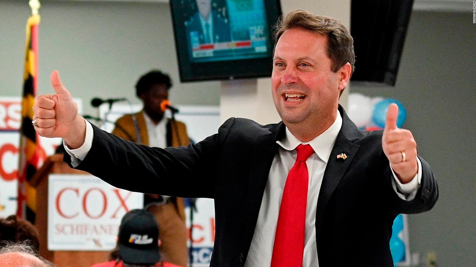Republican gubernatorial candidate Dan Cox declares victory over his opponents at his campaign party on primary election night at Vigilant Hose Company Event Hall in Emmitsburg, Md., on Tuesday, July 19, 2022. (Kenneth Lam/The Baltimore Sun via AP)