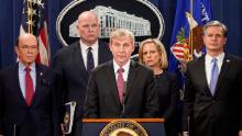 US Attorney for the Eastern District of New York Richard P. Donoghue announcing indictments against China's Huawei Technologies Co Ltd, several of its subsidiaries and its chief financial officer Meng Wanzhou on January 28, 2019.