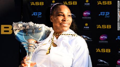 AUCKLAND, NEW ZEALAND - JANUARY 12: Serena Williams of USA celebrates with the trophy after winning the final match against Jessica Pegula of USA at ASB Tennis Centre on January 12, 2020 in Auckland, New Zealand. 
