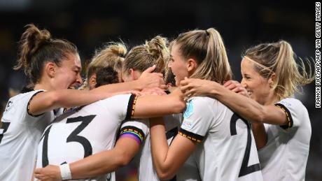 Germany&#39;s players celebrate Popp&#39;s opening goal of the match. 