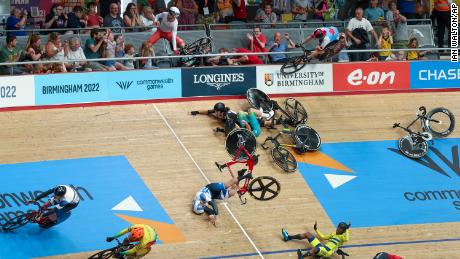 Riders crash on the final lap.