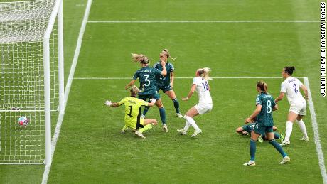 Kelly scoring England&#39;s Euro-winning goal in the final against Germany at Wembley Stadium on July 31.