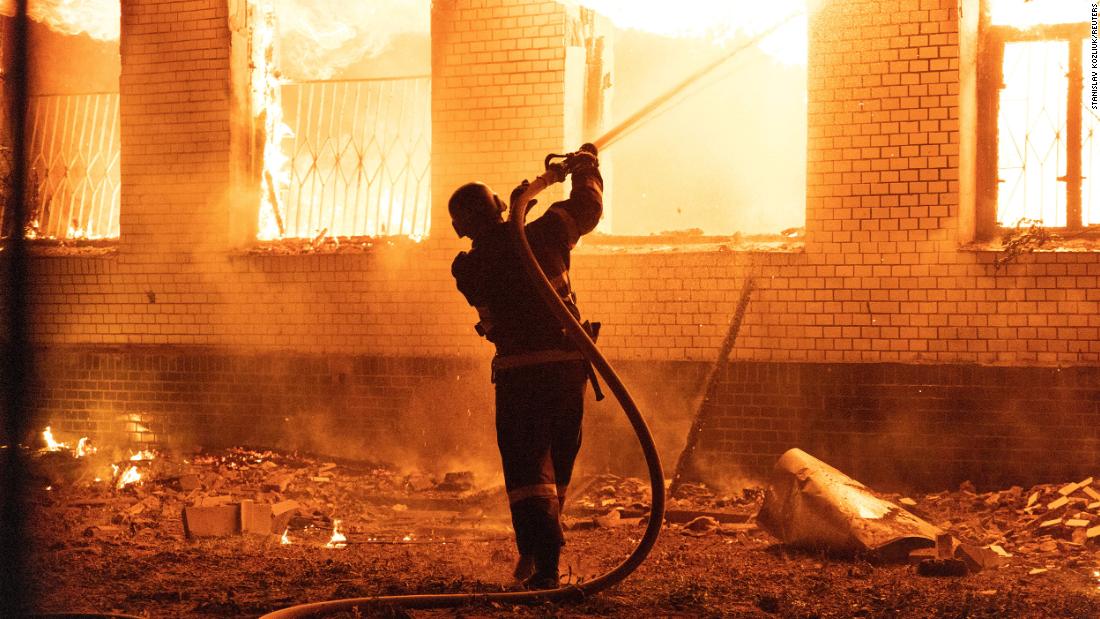 A firefighter extinguishes a burning hospital building hit by a &lt;a href=&quot;https://edition.cnn.com/videos/world/2022/08/01/mykolaiv-shelling-millionaire-businessman-robertson-intl-vpx.cnn/video/playlists/russia-ukraine-military-conflict/&quot; target=&quot;_blank&quot;&gt;Russian missile strike&lt;/a&gt; in Mykolaiv, Ukraine, on August 1.