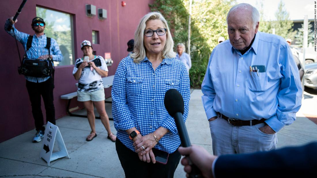 Cheney arrives with her father, former Vice President Dick Cheney, to vote in Jackson, Wyoming, during the Republican primary election on August 16.