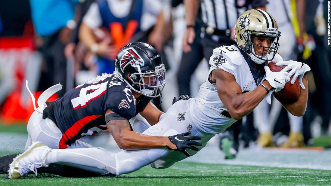 New Orleans Saints wide receiver Michael Thomas makes a reception against Atlanta Falcons cornerback A.J. Terrell in the second half of their game in Atlanta on September 11. Thomas had two touchdown catches on the day as the Saints outscored the Falcons by 14 in the fourth to win 27-26.